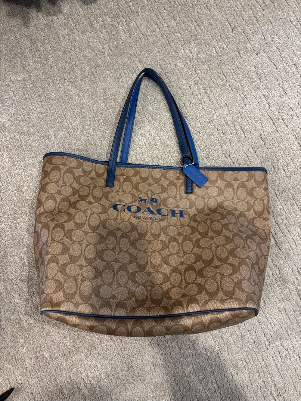 Coach Brown Signature Tote with Blue Trim